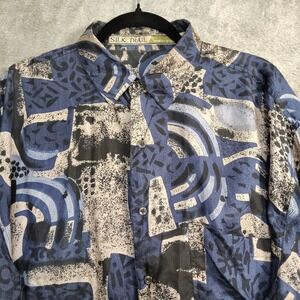 Robert Stock XL VTG 90s 100% Silk Shirt Abstract Art Print Button Up LightWeight